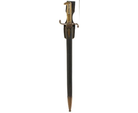 A MAUSER MODEL 1871 BAYONET, 46.75cm fullered blade with various arsenal and maker's stamps, regulation brass hilt with ribbe