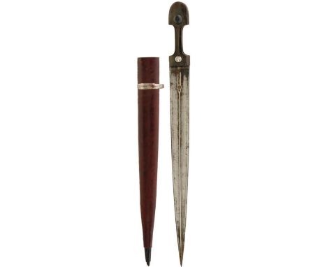 A 19TH CENTURY KINDJAL, 42cm double fullered blade with raised medial ridge, inset with a brass maker's plaque, characteristi