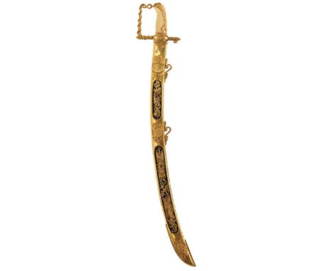 A RARE LLOYDS PATRIOTIC FUND SWORD OF £100 VALUE BY TEED AND PRESENTED TO CAPTAIN HENRY LAMBERT, 78cm curved blade decorated 