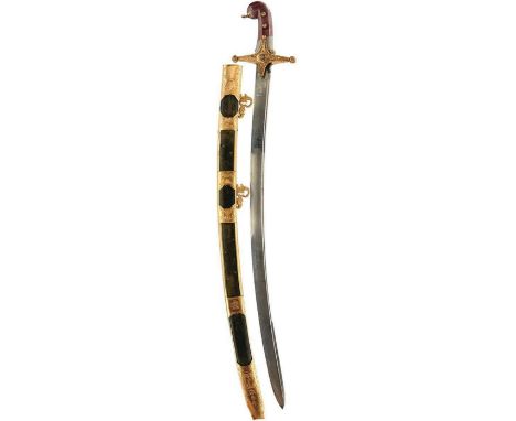 AN ORNATE AGATE HILTED PRESENTATION SWORD TO LORD GRENVILLE BY SALTER, 84cm curved piped back blade profusely etched with dam