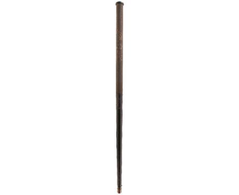AN ANTIQUE WALKING STICK AIRCANE, 92.5cm over all, the barrel painted black, the reservoir pitted and cleaned, complete with 