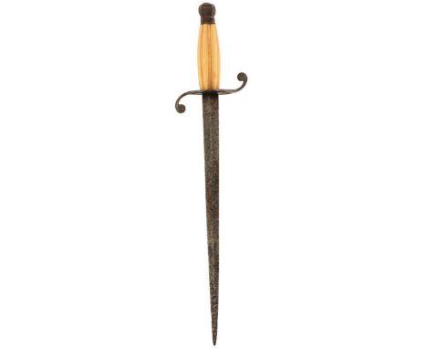 TWO VARIOUS GEORGIAN DIRKS, the first with 28.5cm flattened diamond section blade, patinated, the recurved steel hilt with cu