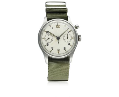 A RARE GENTLEMAN'S STAINLESS STEEL BRITISH MILITARY LEMANIA SINGLE BUTTON CHRONOGRAPH WRIST WATCH CIRCA 1940s FIRST SERIES, U