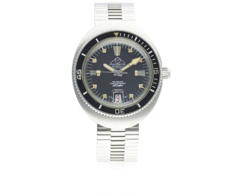 A GENTLEMAN'S STAINLESS STEEL MONDAINE AUTOMATIC DIVERS BRACELET WATCH CIRCA 1970 D: Black dial with luminous markers &amp; "