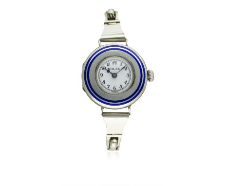 A LADIES SOLID SILVER &amp; ENAMEL ROLEX BRACELET WATCH CIRCA 1920s 
D: Enamel dial with Arabic numerals &amp; outer minute t