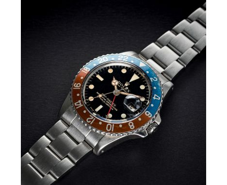 A VERY RARE GENTLEMAN'S STAINLESS STEEL ROLEX OYSTER PERPETUAL GMT MASTER BRACELET WATCH CIRCA 1963, REF. 1675 PCG WITH GILT 