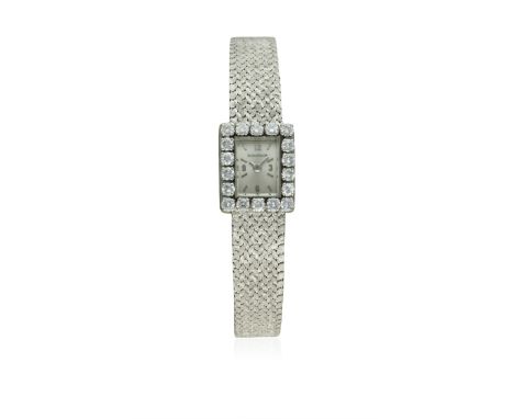 A FINE LADIES 18K SOLID WHITE GOLD &amp; DIAMOND JAEGER LECOULTRE BRACELET WATCH CIRCA 1960s D: Silver dial with silver baton