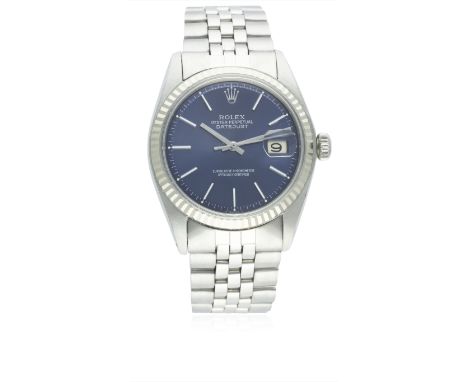 A GENTLEMAN'S STAINLESS STEEL &amp; WHITE GOLD ROLEX OYSTER PERPETUAL DATEJUST BRACELET WATCH CIRCA 1970, REF. 1601D: Blue di