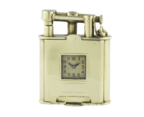 A RARE 14K SOLID GOLD DUNHILL UNIQUE B WATCH LIGHTER CIRCA 1930 D: Silver dial with Arabic numerals. M: 15 jewel manual wind 