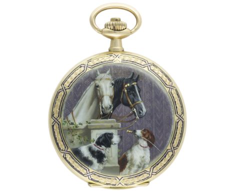 A FINE &amp; RARE GENTLEMAN'S 14K SOLID GOLD &amp; ENAMEL FULL HUNTER ETERNA POCKET WATCH CIRCA 1910D: Gold coloured dial wit