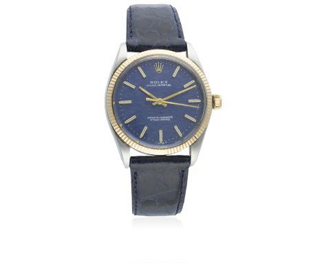 A RARE GENTLEMAN'S STEEL &amp; PINK GOLD ROLEX OYSTER PERPETUAL WRIST WATCH CIRCA 1967, REF. 1005D: Blue "linen" dial with gi