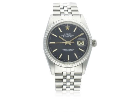 A RARE GENTLEMAN'S STAINLESS STEEL ROLEX OYSTER PERPETUAL DATEJUST BRACELET WATCH CIRCA 1973, REF. 1603&nbsp; 
D: Matt black 