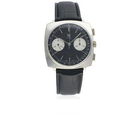 A GENTLEMAN'S LIP CHRONOGRAPH WRIST WATCH CIRCA 1970 WITH ORIGINAL BOXD: Black dial with silver batons &amp; hands, two silve