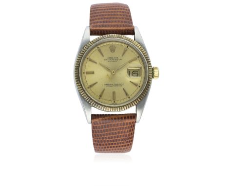A RARE GENTLEMAN'S STEEL &amp; GOLD ROLEX OYSTER PERPETUAL DATEJUST WRIST WATCH CIRCA 1957, REF. 6605D: Champagne dial with g
