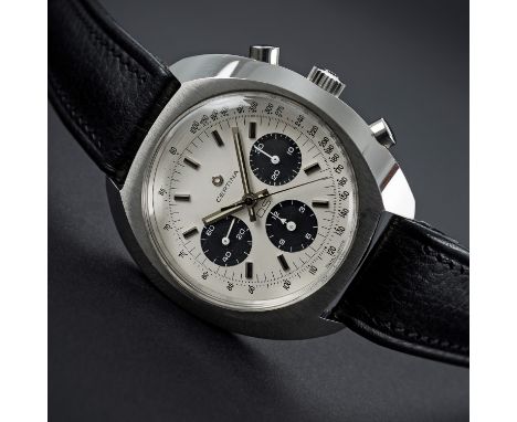 A RARE GENTLEMAN'S STAINLESS STEEL CERTINA DS CHRONOGRAPH WRIST WATCH CIRCA 1970
D: White "panda" dial with black inlaid silv