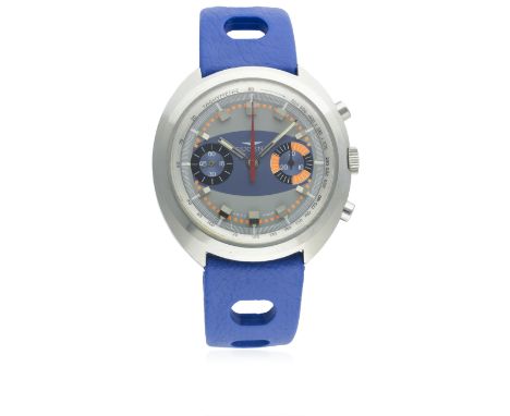 A GENTLEMAN'S STAINLESS STEEL DUGENA CHRONOGRAPH WRIST WATCH CIRCA 1970sD: Grey &amp; blue "surfboard" dial with faceted silv