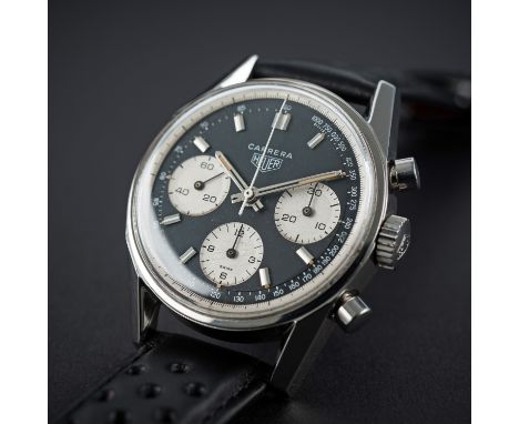 AN EXTREMELY RARE GENTLEMAN'S STAINLESS STEEL HEUER CARRERA CHRONOGRAPH WRIST WATCH CIRCA 1969, REF. 2447 NST "REVERSE PANDA"