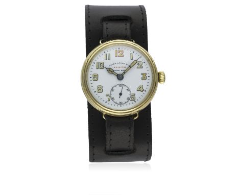 A RARE GENTLEMAN'S 18K SOLID GOLD FAVRE LEUBA ZENITH "OFFICERS" WRIST WATCH CIRCA 1920 D: White enamel dial with luminous Ara