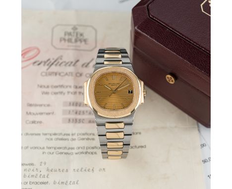 A FINE GENTLEMAN'S MID SIZE STEEL &amp; GOLD PATEK PHILIPPE NAUTILUS AUTOMATIC BRACELET WATCH DATED 1987, REF. 3800/001 WITH 
