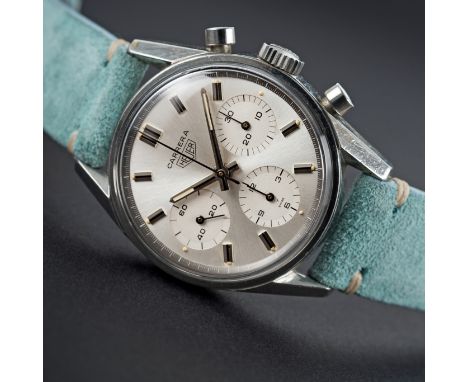 A VERY RARE GENTLEMAN'S STAINLESS STEEL HEUER CARRERA CHRONOGRAPH WRIST WATCH CIRCA 1968, REF. 2447S "ALBINO" DIAL
D: Silver 