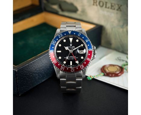 A RARE GENTLEMAN'S STAINLESS STEEL ROLEX OYSTER PERPETUAL GMT MASTER BRACELET WATCH CIRCA 1970, REF. 1675 MK1 "LONG E" DIAL, 