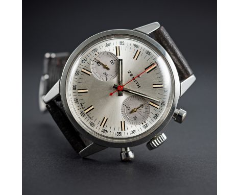 A RARE GENTLEMAN'S STAINLESS STEEL ZENITH CHRONOGRAPH WRIST WATCH CIRCA 1960s, REF. A279 D: Silver sunburst dial with luminou