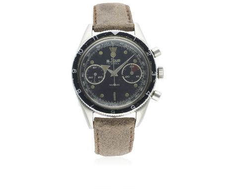 A GENTLEMAN'S STAINLESS STEEL LEJOUR CHRONOGRAPH WRIST WATCH CIRCA 1960s
D: Gloss black dial with luminous markers &amp; stee