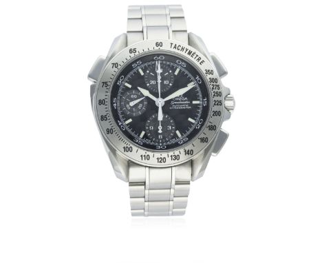 A GENTLEMAN'S STAINLESS STEEL OMEGA SPEEDMASTER RATTRAPANTE CHRONOGRAPH BRACELET WATCH CIRCA 2005, REF. 35405000 WITH ORIGINA