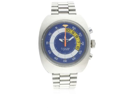 A GENTLEMAN'S STAINLESS STEEL MEMOSAIL REGATTA COUNTDOWN CHRONOGRAPH BRACELET WATCH CIRCA 1970s D: Blue &amp; white dial with