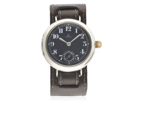 A GENTLEMAN'S LARGE SIZE NICKEL CASED OMEGA TRENCH WRIST WATCH CIRCA 1910
D: Black enamel dial with Arabic numerals &amp; sil