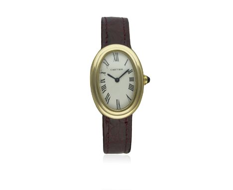 A FINE LADIES 18K SOLID GOLD CARTIER BAIGNOIRE WRIST WATCH CIRCA 1980s D: White dial with black Roman numerals. M: Manual win