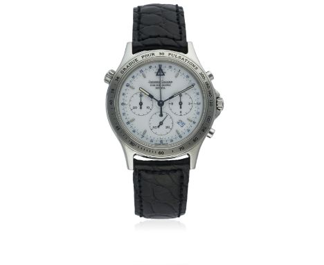 A GENTLEMAN'S STAINLESS STEEL JAEGER LECOULTRE HERAION CHRONOGRAPH REVEIL WRIST WATCH CIRCA 1990s, REF. 116.8.33 D: White dia