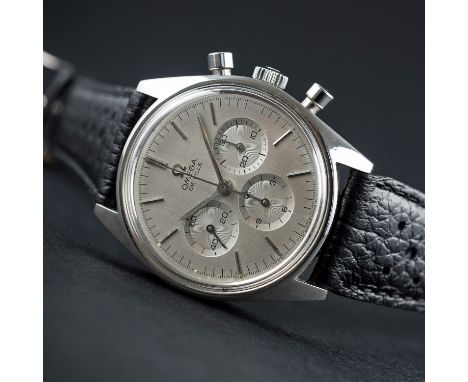 A RARE GENTLEMAN'S STAINLESS STEEL OMEGA DE VILLE CHRONOGRAPH WRIST WATCH CIRCA 1968, REF. 145.018
D: Brushed silver dial wit