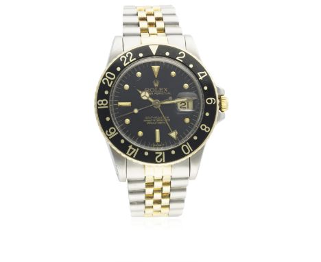 A GENTLEMAN'S STEEL &amp; GOLD ROLEX OYSTER PERPETUAL GMT MASTER BRACELET WATCH CIRCA 1982, REF. 16753 "NIPPLE" DIALD: Black 