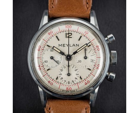 A RARE GENTLEMAN'S STAINLESS STEEL MEYLAN DECIMAL CHRONOGRAPH WRIST WATCH CIRCA 1960sD: Silver dial with silver batons &amp; 