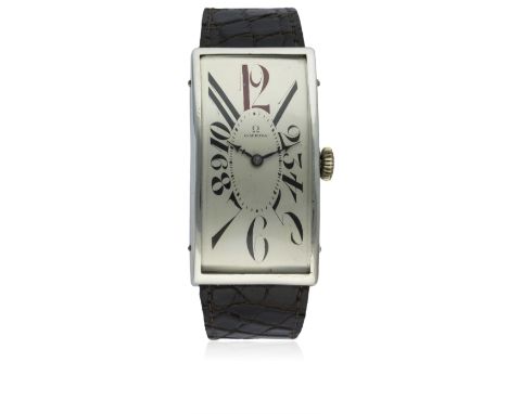 A RARE GENTLEMAN'S LARGE SOLID SILVER OMEGA WRIST WATCH CIRCA 1920s
D: Silver dial with "exploding" Art Deco numerals, decora