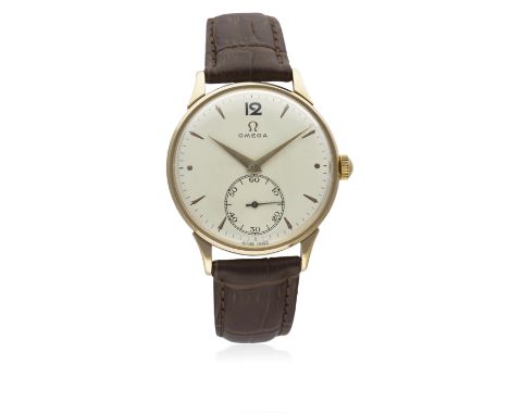 A GENTLEMAN'S LARGE SIZE 18K SOLID PINK GOLD OMEGA&nbsp;WRIST WATCH CIRCA 1950, REF. 2619 D: Silver dial with gilt markers &a