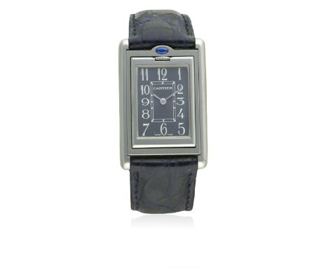 A MID SIZE STAINLESS STEEL CARTIER TANK BASCULANTE WRIST WATCH CIRCA 2000, REF. 2405D: Grey dial with white Arabic numerals &