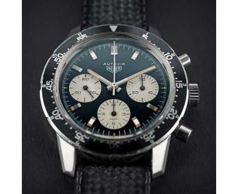 A RARE GENTLEMAN'S STAINLESS STEEL HEUER AUTAVIA CHRONOGRAPH WRIST WATCH CIRCA 1970, REF. 2446C
D: Black dial with part-lumin