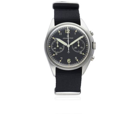 A GENTLEMAN'S STAINLESS STEEL BRITISH MILITARY HAMILTON&nbsp;RAF PILOTS CHRONOGRAPH WRIST WATCH DATED 1972D: Black dial with 