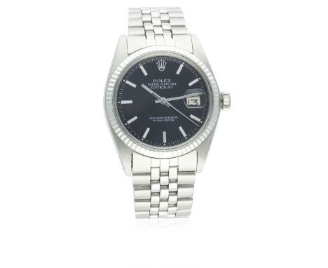 A GENTLEMAN'S STAINLESS STEEL &amp; WHITE GOLD ROLEX OYSTER PERPETUAL DATEJUST BRACELET WATCH CIRCA 1971, REF. 1601D: Black d