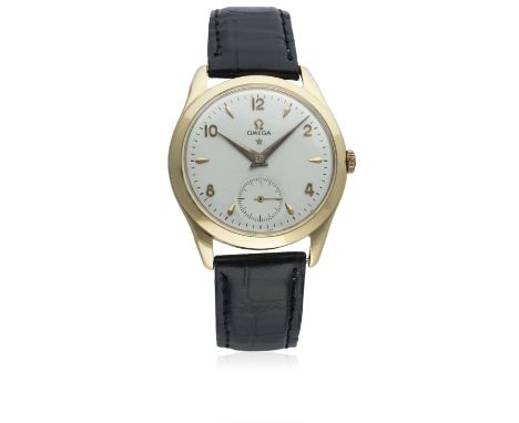 A GENTLEMAN'S LARGE SIZE 18K SOLID PINK GOLD OMEGA&nbsp;WRIST WATCH CIRCA 1950, REF. 2619 D: Silver dial with pink gold bi-ho