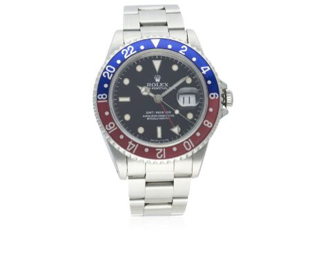 A GENTLEMAN'S STAINLESS STEEL ROLEX OYSTER PERPETUAL DATE GMT MASTER BRACELET WATCH CIRCA 1991, REF. 16700D: Gloss black dial