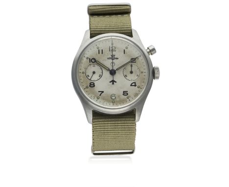 A RARE GENTLEMAN'S STAINLESS STEEL BRITISH MILITARY LEMANIA SINGLE BUTTON ROYAL NAVY CHRONOGRAPH WRIST WATCH CIRCA 1940s FIRS