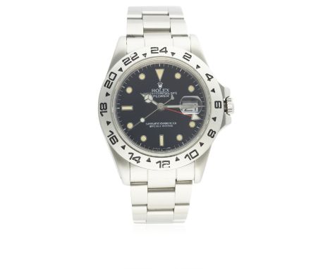 A GENTLEMAN'S STAINLESS STEEL ROLEX OYSTER PERPETUAL DATE EXPLORER II BRACELET WATCH CIRCA 1987, REF. 16550 D: Black dial wit