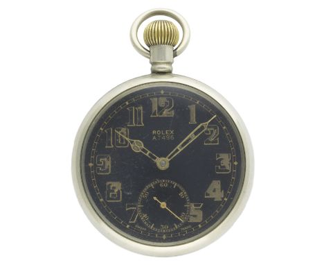 A GENTLEMAN'S NICKEL CASED ROLEX BRITISH MILITARY POCKET WATCH CIRCA 1930s  D: Black enamel dial with luminous Arabic numeral