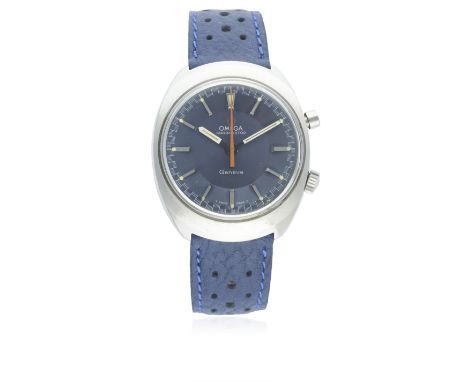 A RARE GENTLEMAN'S STAINLESS STEEL OMEGA CHRONOSTOP WRIST WATCH CIRCA 1968, REF. 145.009 D: Blue dial with silver batons &amp