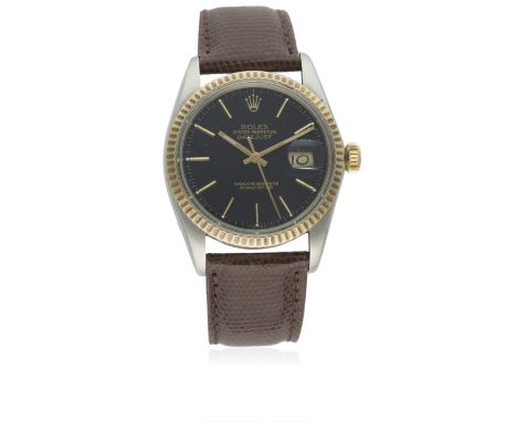 A GENTLEMAN'S STEEL &amp; GOLD ROLEX OYSTER PERPETUAL DATEJUST WRIST WATCH CIRCA 1980, REF. 16013D: Black dial with gilt bato