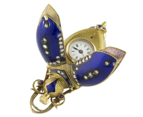 A FINE &amp; RARE SOLID GOLD &amp; ENAMEL SCARAB FORM PENDANT WATCH CIRCA 1890D: Enamel dial with Roman numerals. M: Keyless 