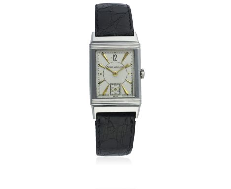 A GENTLEMAN'S STAINLESS STEEL JAEGER LECOULTRE REVERSO WRIST WATCH CIRCA 1940 D: Silver dial with gilt faceted batons, subsid